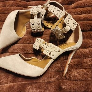 Aquazzura Beige Suede Pointed-Toe Ankle-Strap Heels